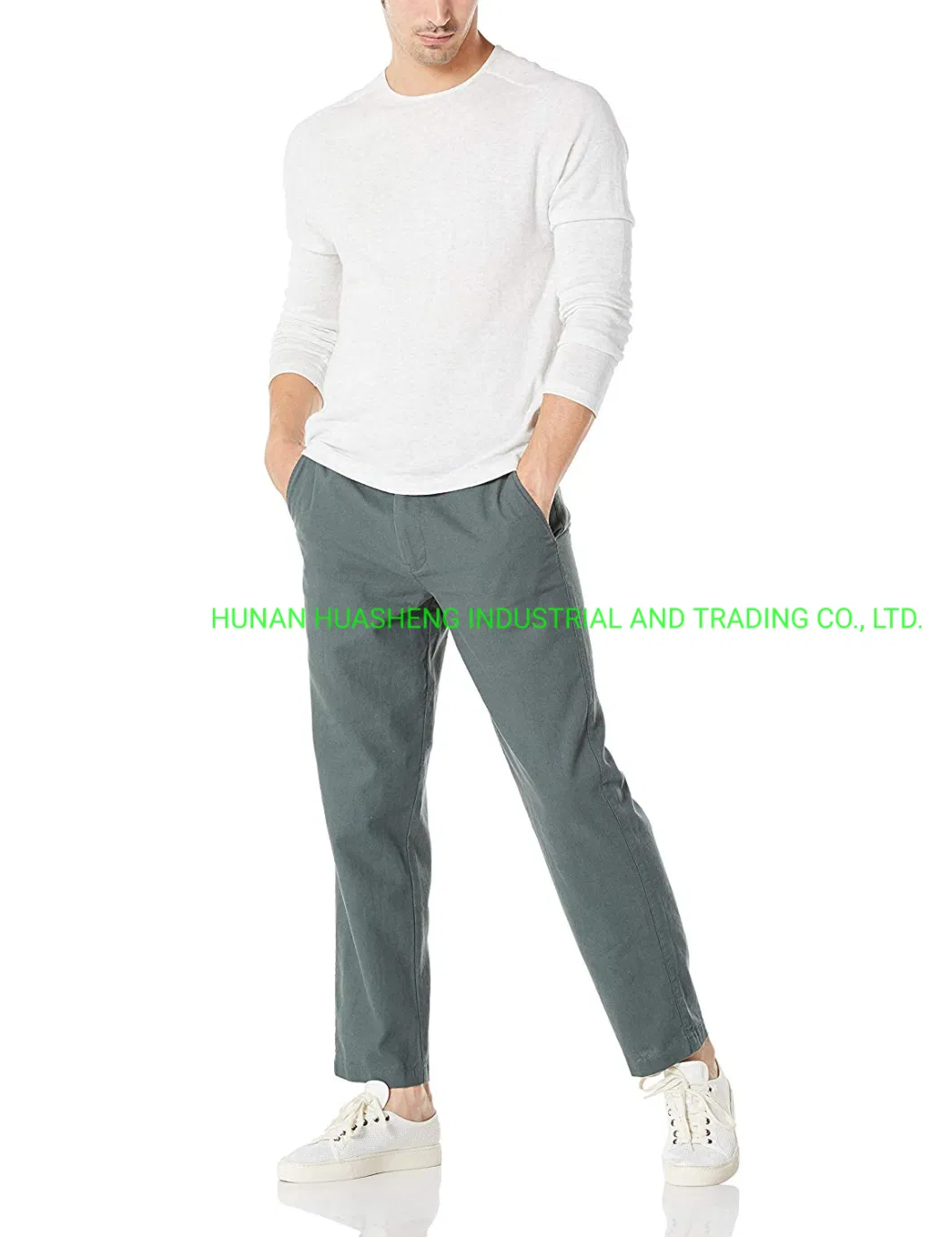Men′s Breathable Drawstring Linen Cotton Blend Ninth Pants Grass Green